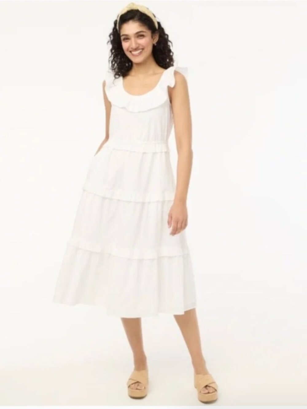 J. Crew White Swiss Dot Printed Ruffle Tiered Midi Dress w Tie Back - Size 20